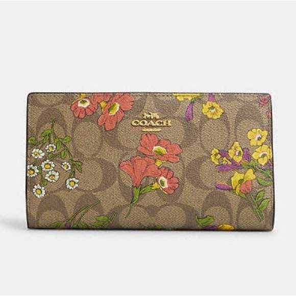 Coach Outlet Slim Zip Wallet In Signature Canvas With Floral Print - Picture 1 of 5